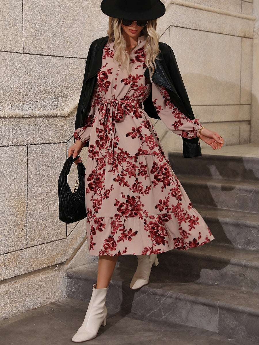 Floral Print Lantern Sleeve Belted Dress