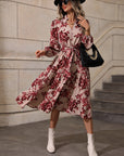 Floral Print Lantern Sleeve Belted Dress