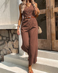 Solid Button Front Jumpsuit Without Belt