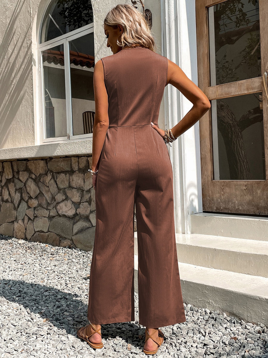 Solid Button Front Jumpsuit Without Belt