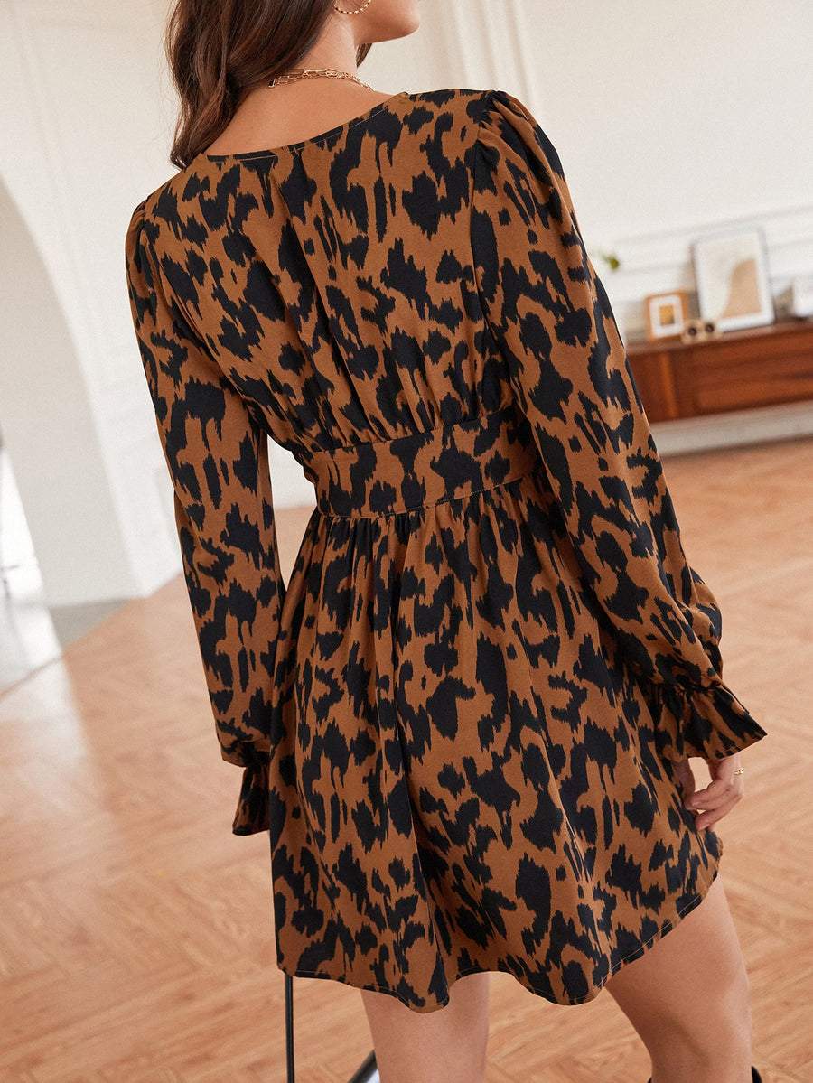 Frenchy Allover Print Flounce Sleeve Dress