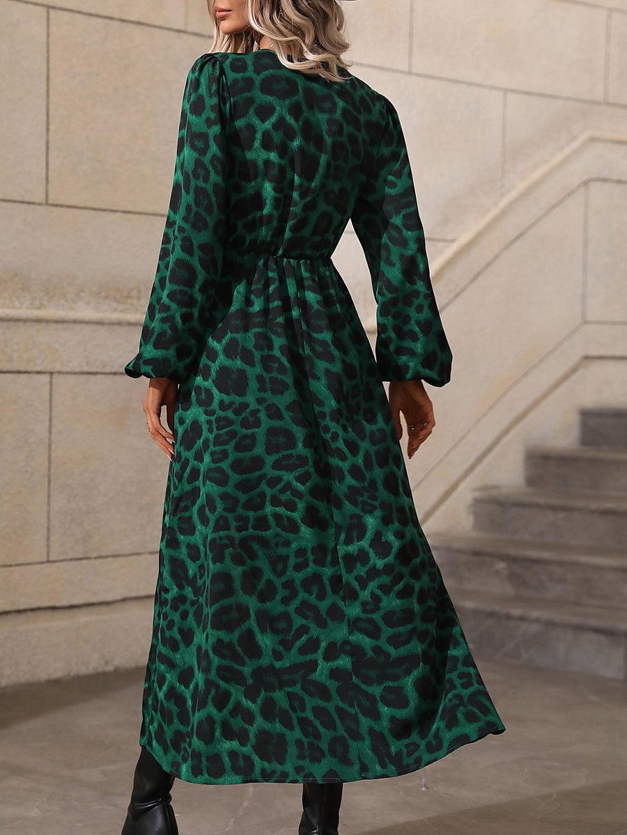 Leopard Print Bishop Sleeve Split Thigh Dress