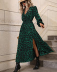 Leopard Print Bishop Sleeve Split Thigh Dress