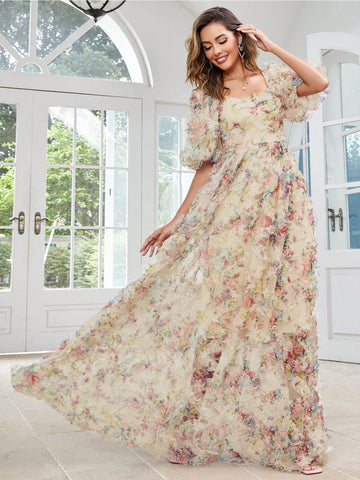 Floral Print Puff Sleeve Mesh Overlay Dress