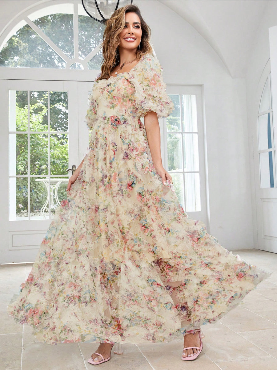 Floral Print Puff Sleeve Mesh Overlay Dress