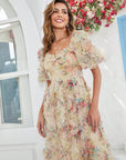 Floral Print Puff Sleeve Mesh Overlay Dress