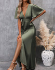 Plunging Neck Butterfly Sleeve Button Front Dress