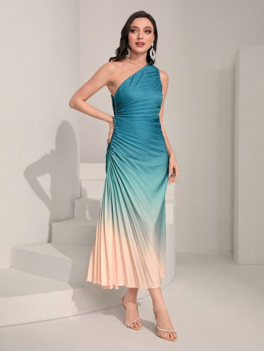 Modely Ombre One Shoulder Ruched Pleated Hem Dress