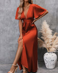 Plunging Neck Butterfly Sleeve Button Front Dress