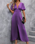 Plunging Neck Butterfly Sleeve Button Front Dress