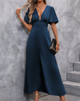 Plunging Neck Butterfly Sleeve Button Front Dress