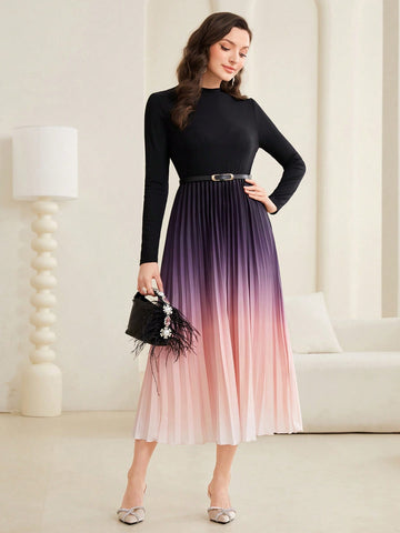 Modely Ombre Pleated Hem Dress With Belt