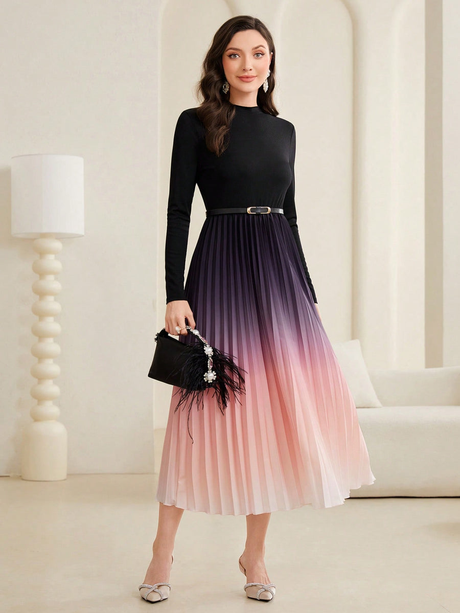 Modely Ombre Pleated Hem Dress With Belt
