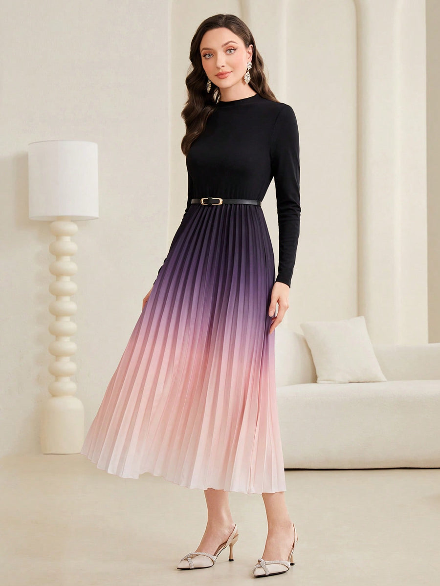 Modely Ombre Pleated Hem Dress With Belt