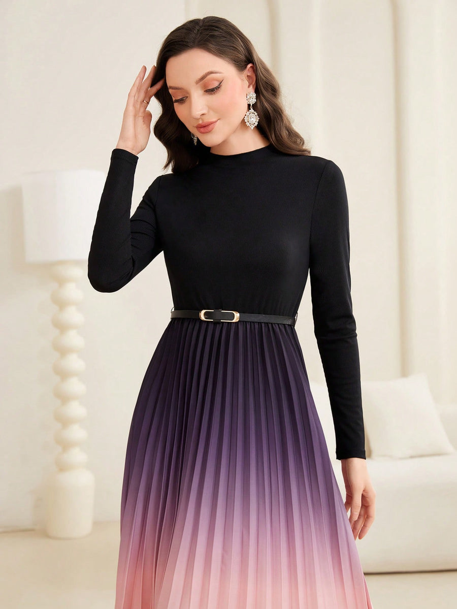 Modely Ombre Pleated Hem Dress With Belt